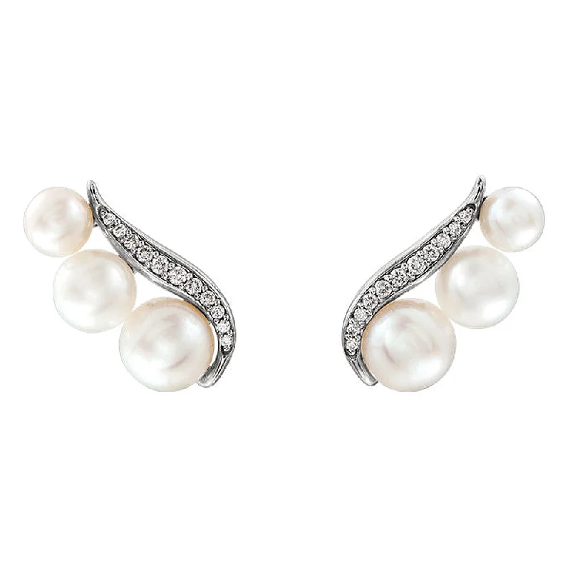 women's large hoop earrings-16mm 14k White Gold FW Cultured Pearl & 1/10 CTW Diamond Ear Climbers