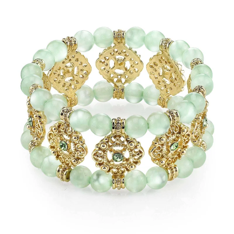 women's feng shui bracelets-1928 Jewelry Smooth Cat's Eye Beaded Filigree Crystal Stretch Bracelet