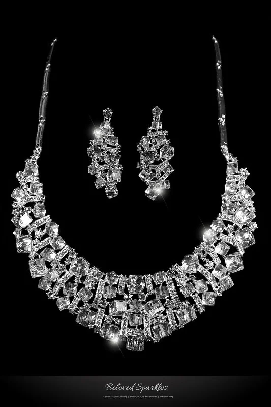 women’s pendant necklaces-Daja Art Deco Cube Confetti Cluster Bib Necklace Set | Crystal