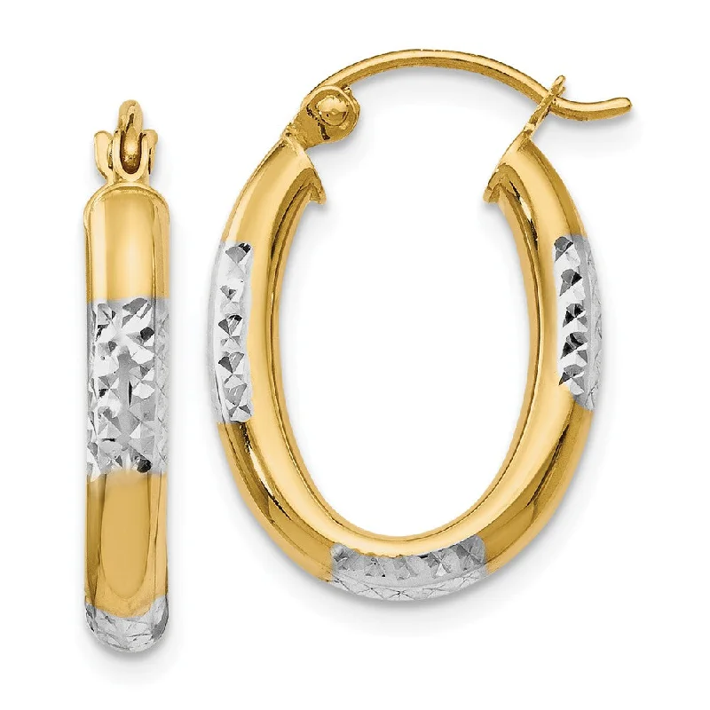 women's twisted hoop earrings-3mm Diamond Cut Oval Hoops in 14k Yellow Gold & White Rhodium, 20mm