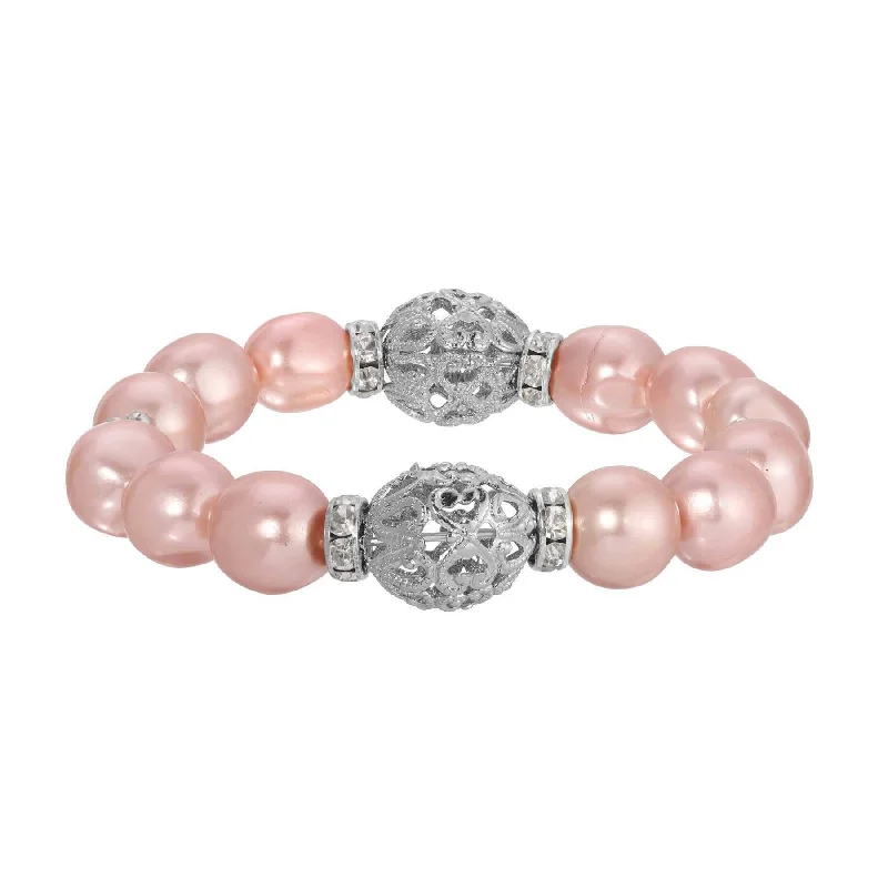 women's promise bracelets-1928 Jewelry Rosabella Pink Faux Pearl Filigree Puff Bead Stretch Bracelet