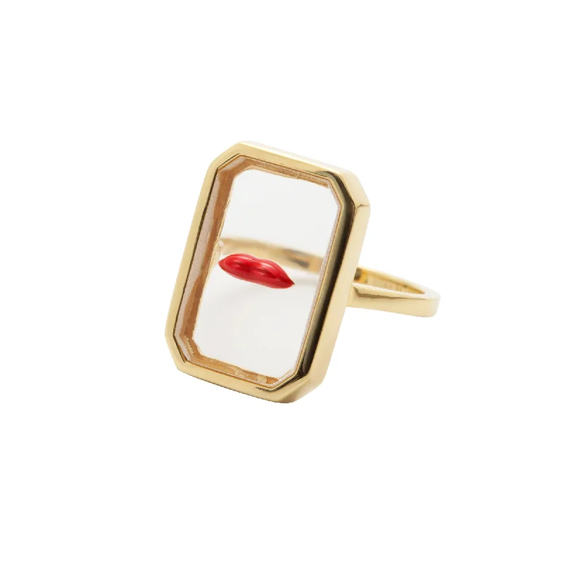 women’s silver rings-Lips Red & Transparent Gold Plated Ring