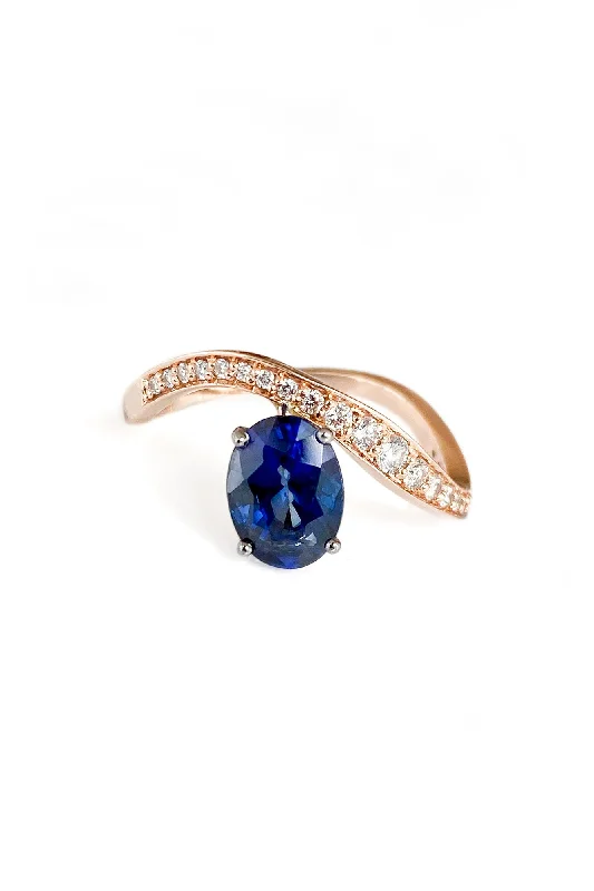 women’s adjustable silver rings-Blue Wave 18K Gold Ring w. Diamonds & Sapphire