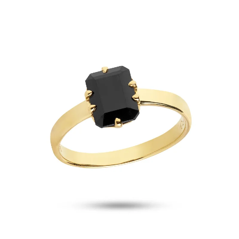 women’s wedding bands-Black 18K Gold Plated Ring w. Agate