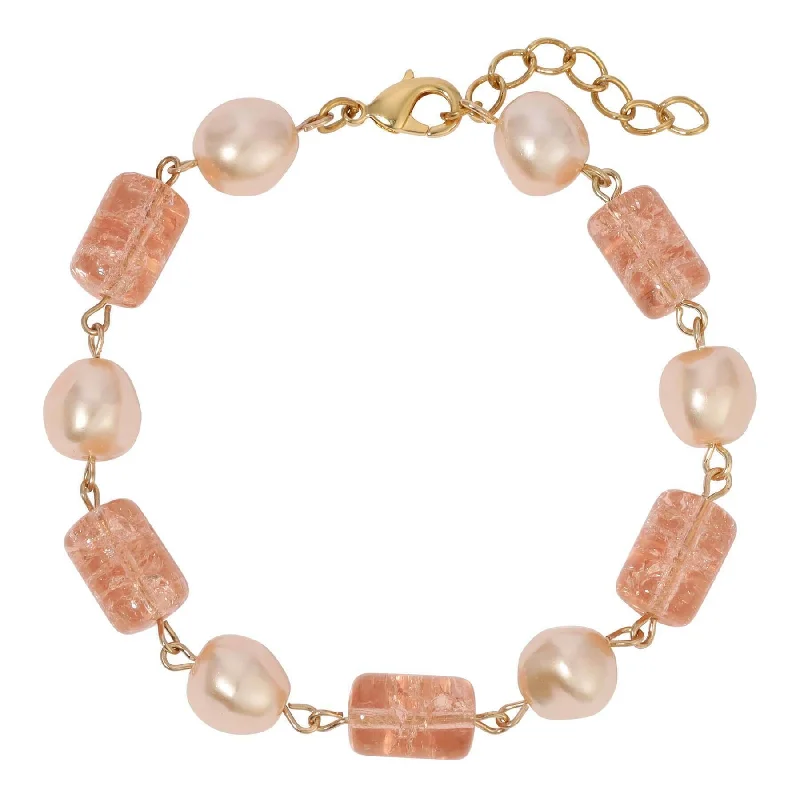 women's bangle bracelets-1928 Jewelry Beaded Peach Cracked Glass & Champagne Faux Pearl Link Bracelet