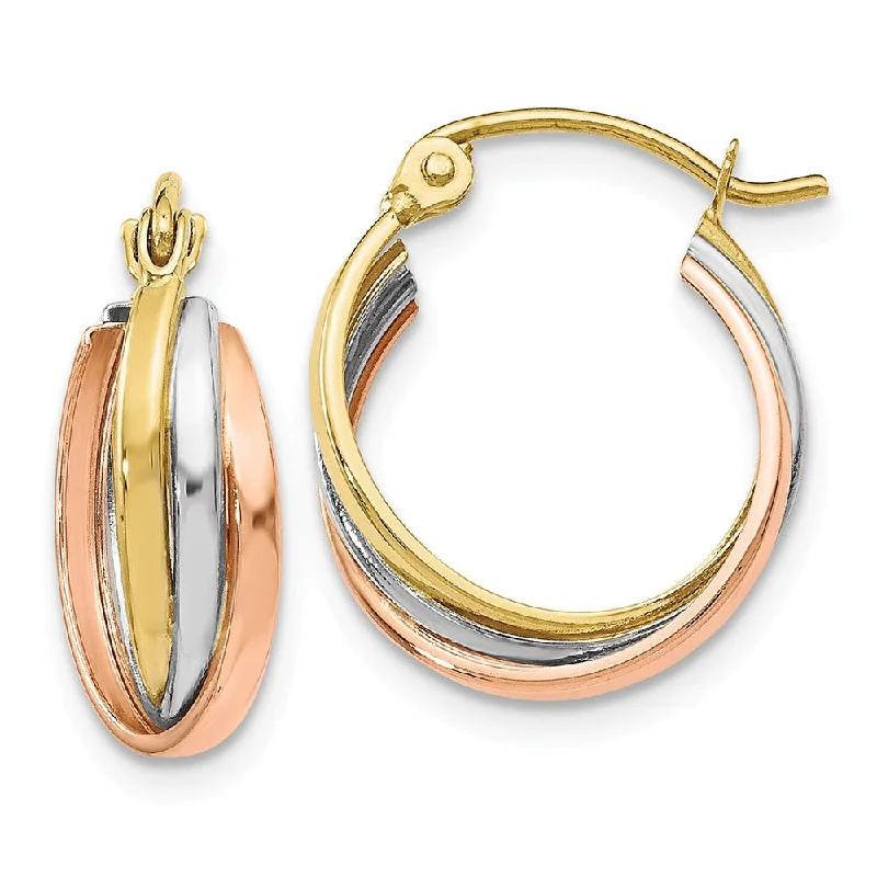 women's personalized earrings-5mm Triple Crossover Hoops in 10k Tri-Color Gold, 14mm (9/16 Inch)