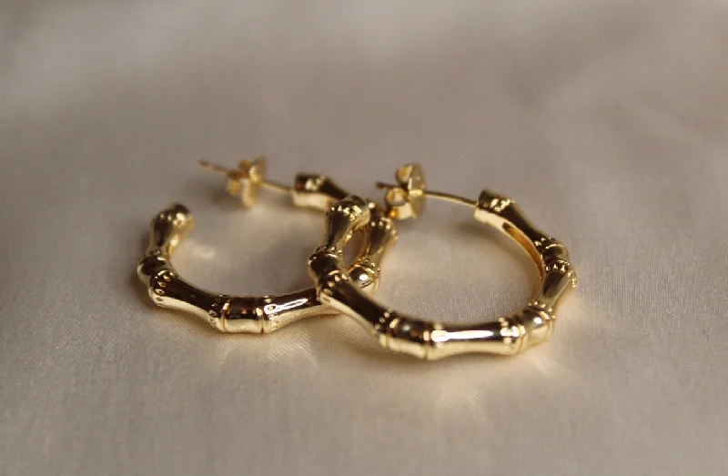 women's diamond earrings-Bamboo Hoops