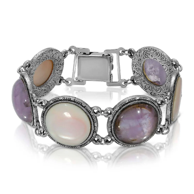 women's rose quartz bracelets-1928 Jewelry Round Genuine Purple Amethyst Gemstone Link Bracelet