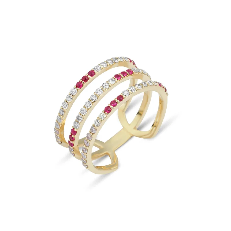 women’s unique rings-Artisia Triple Bar 18K Gold Ring w. Diamonds & Rubies