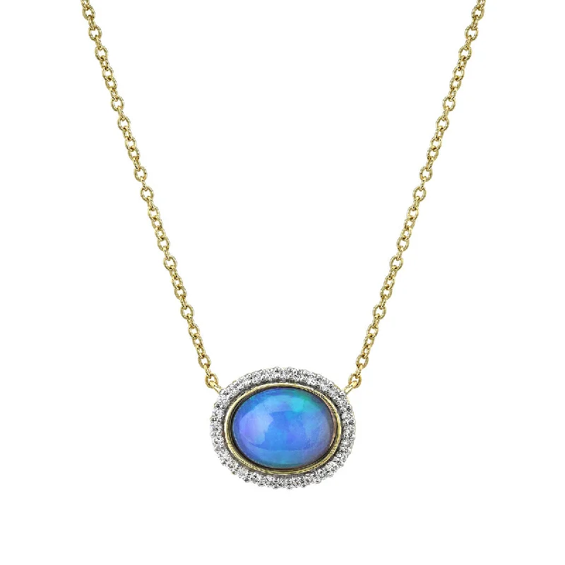 women’s layered gold necklaces-Cabochon Ethiopian Opal and Diamond Halo Necklace