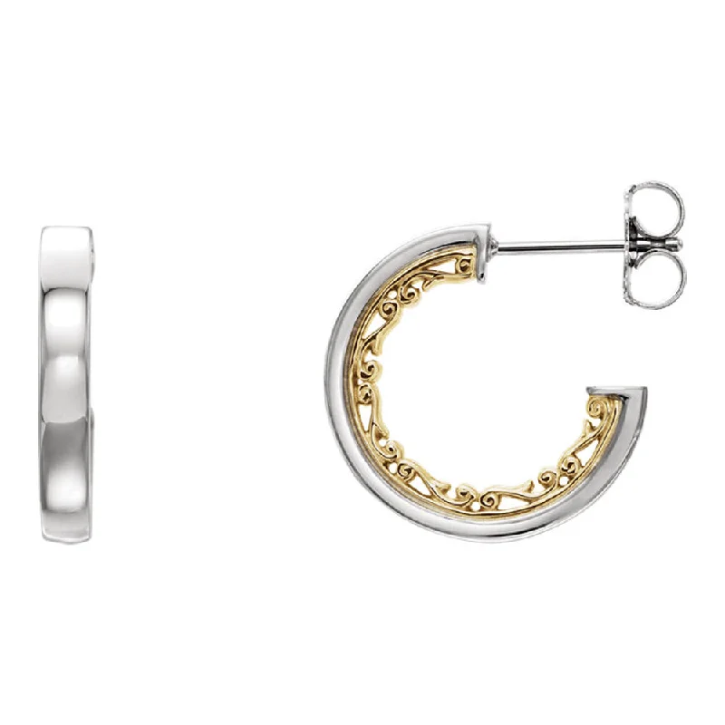 women's zodiac earrings-2.7 x 16mm (5/8 Inch) 14k White and Yellow Gold Vintage-Inspired Hoops