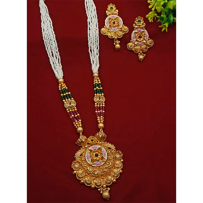 women’s vintage charm necklaces-Gehana Mahal Gold Plated Pota Stone And Pearl Necklace Set