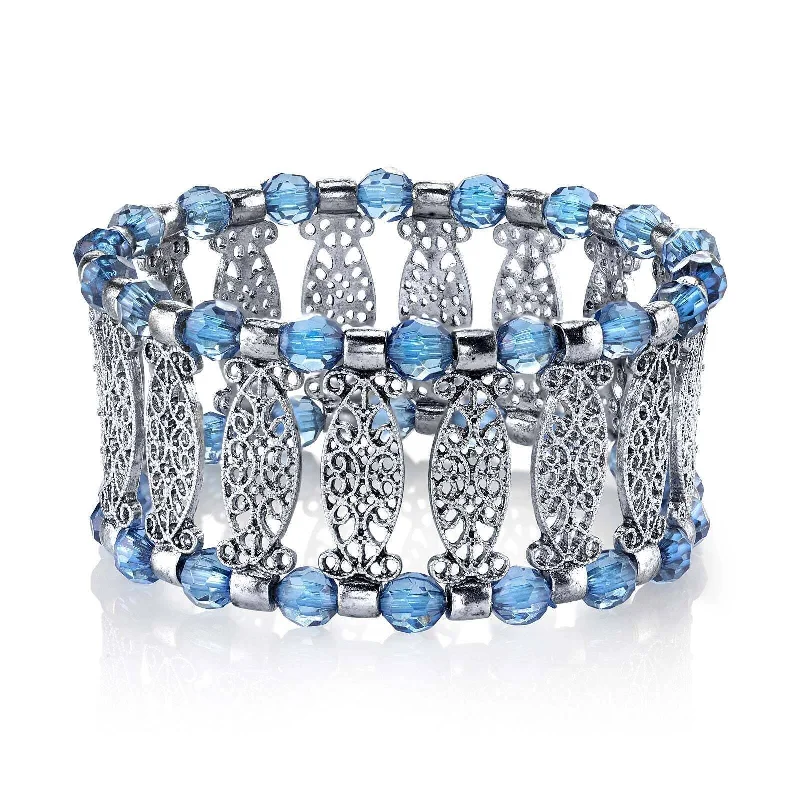 women's chain bracelets-1928 Jewelry Blue Color Filigree Stretch Bracelet