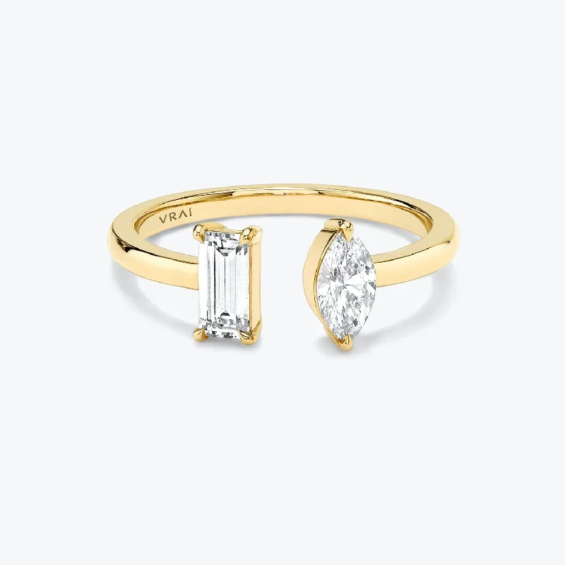 women’s eternity bands-Baguette & Marquise Mixed Cuff 14K Gold Ring w. Lab-Grown Diamonds