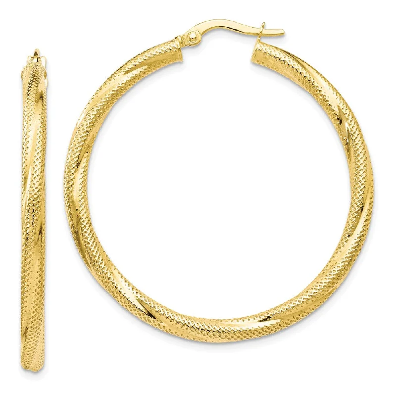 women's classic earrings-3mm Twisted Textured Round Hoops in 10k Yellow Gold, 40mm (1 1/2 Inch)