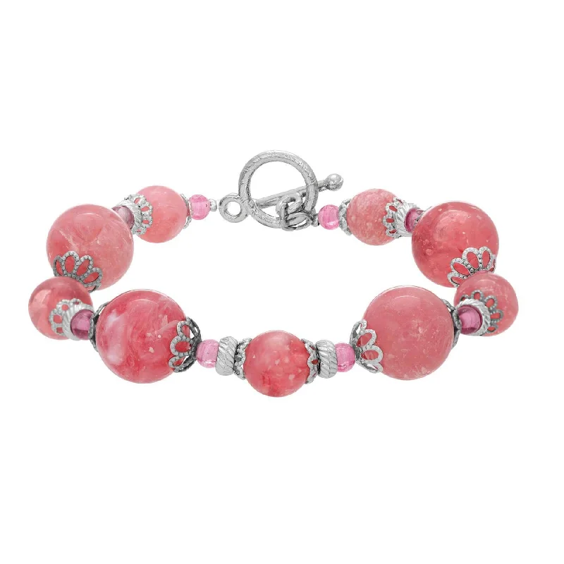 women's wide bracelets-1928 Jewelry Roseate Paradise Oval Coral Quartz Stone & Pink Crystals Toggle Bracelet