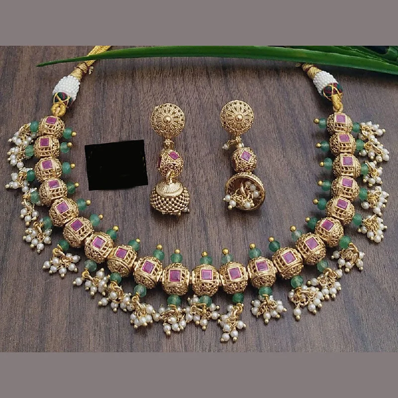 women’s necklaces-FS Collection Gold Plated Pota Stone And Pearls Necklace Set