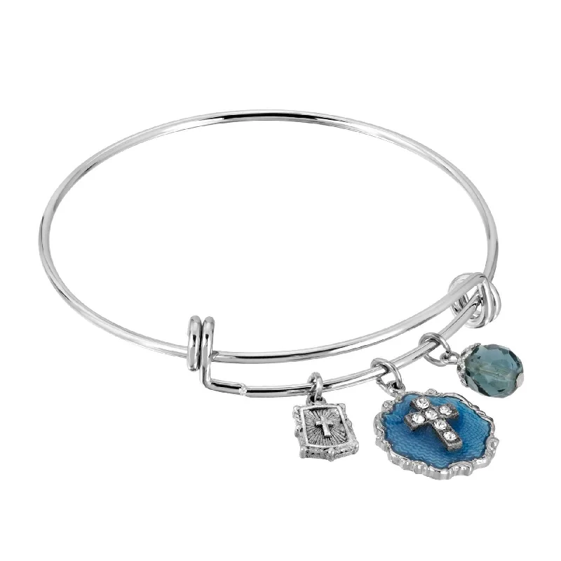 women's engraved cuff bracelets-Symbols Of Faith Blue Enamel Crystal Cross Beaded Slide Charm Bracelet