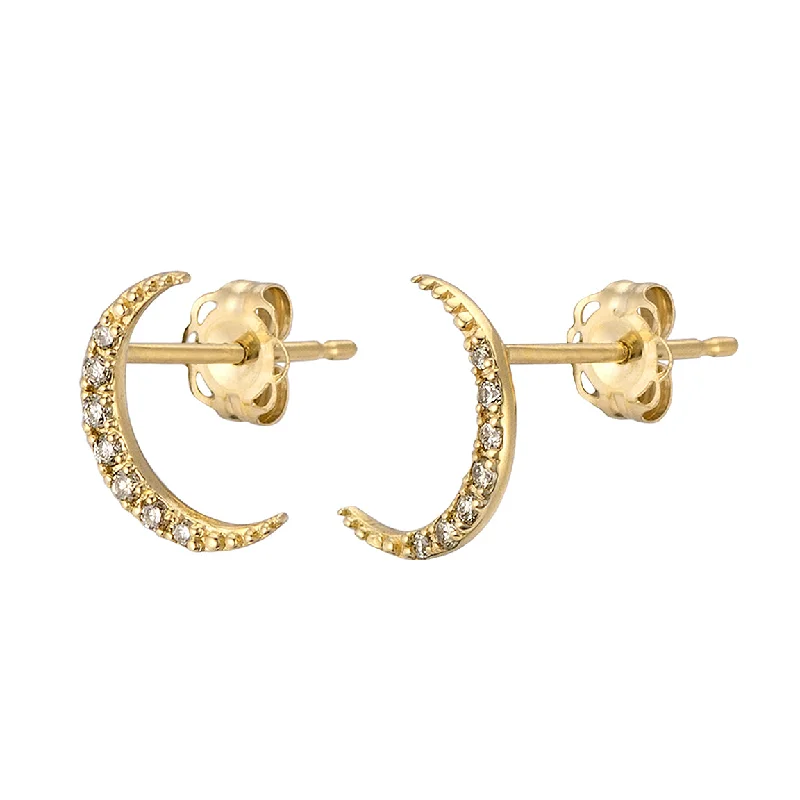 women's boho earrings-Diamond Crescent Moon Studs in 14K Gold