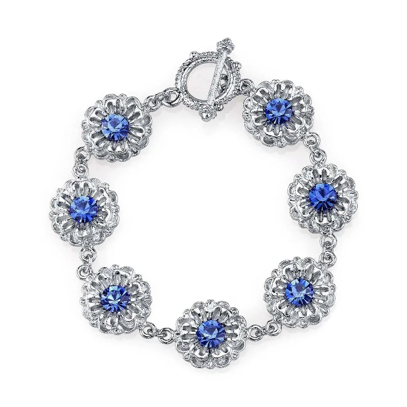 women's crystal bracelets-2028 Jewelry Sapphire Blue Crystal Flower Toggle Bracelet