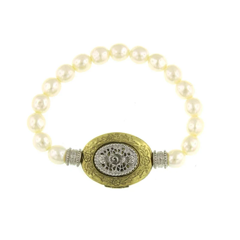 women's engraved cuff bracelets-1928 Jewelry Filigree Floral Etched Faux Pearl Locket Stretch Bracelet