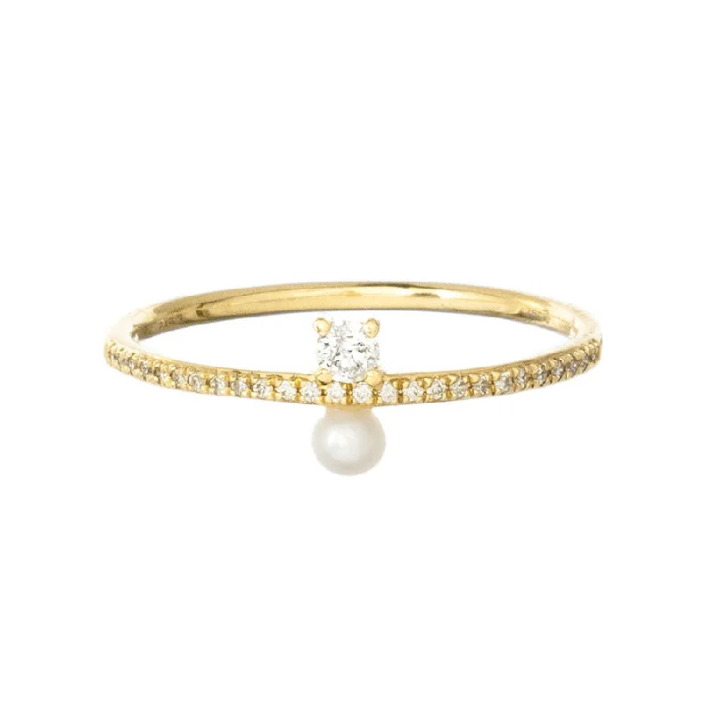 women’s simple gold rings-Aphrodite 18K Gold Ring w. Diamonds & Pearl