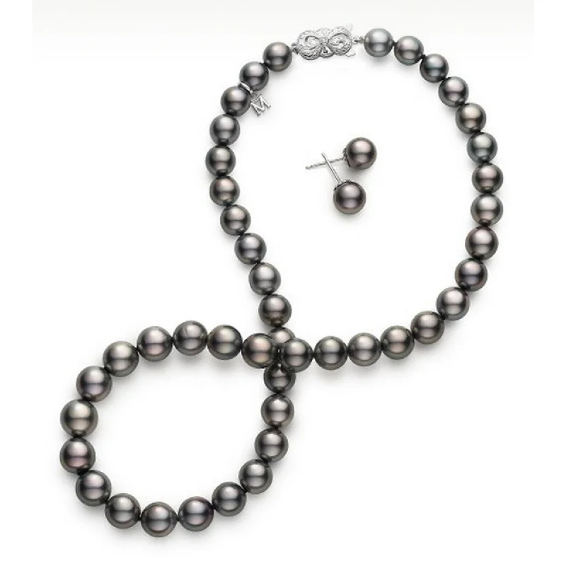 women’s dainty necklaces-Black South Sea Pearl Necklace and Stud Earring Set