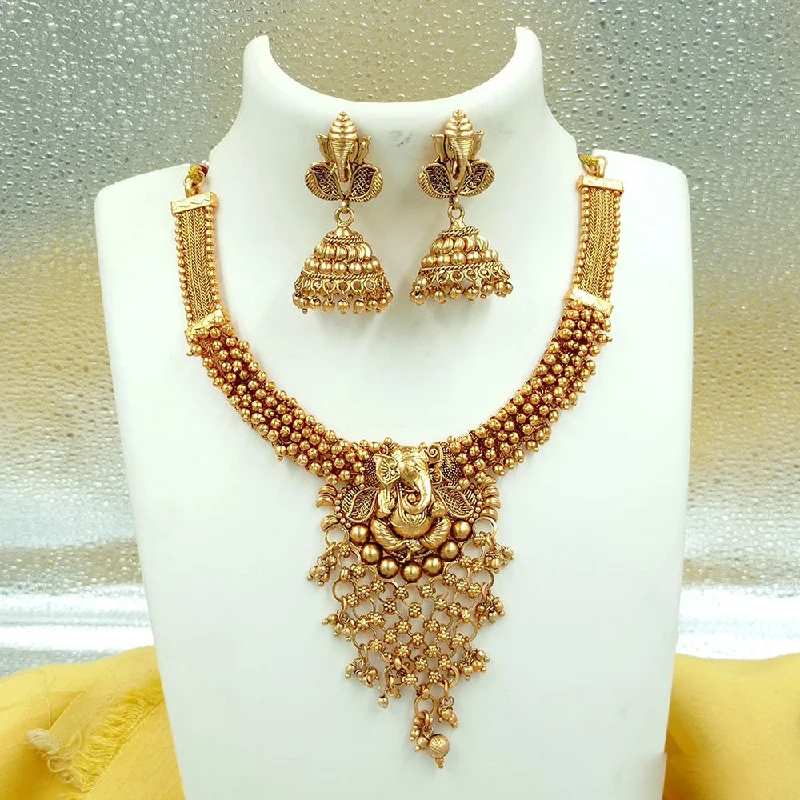 women’s square pendants necklaces-FS Collection Gold Plated Pearls Lord Ganesha Necklace Set