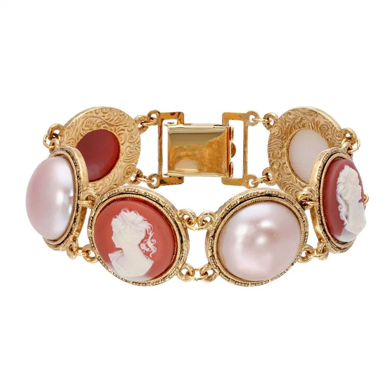 women's matching couple bracelets-1928 Jewelry Rosabella Raspberry Peach Faux Pearl Round Carnelian Ivory Cameo Clasp Bracelet