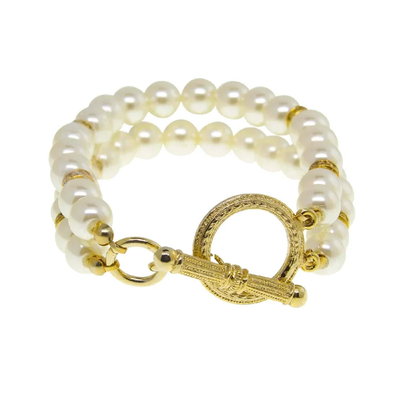 women's pearl bracelets-1928 Jewelry Double Strand 8mm Faux Pearl Toggle Bracelet