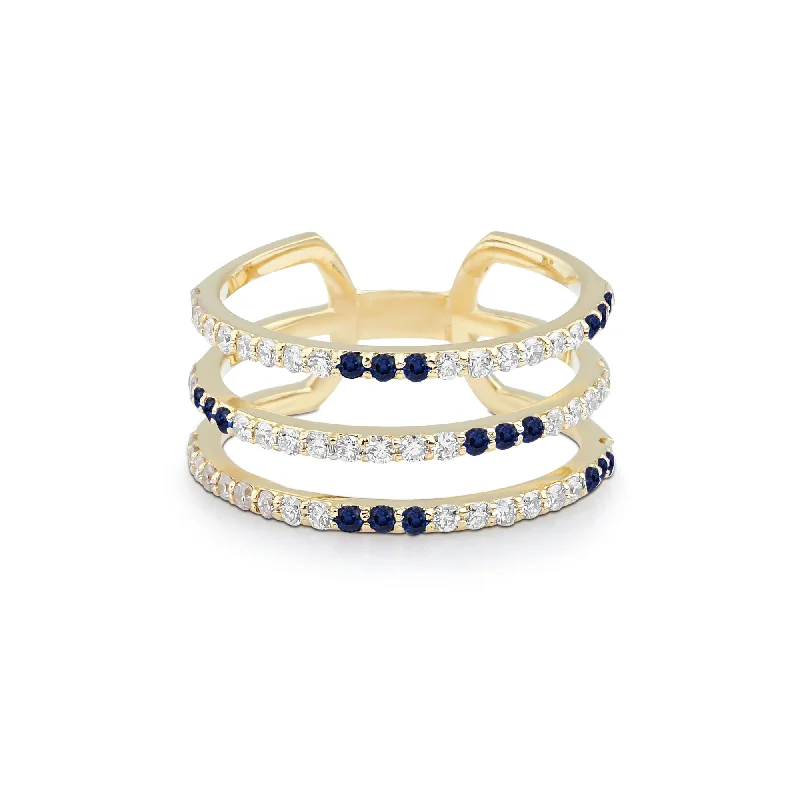 women’s birthstone rings-Artisia Triple Bar 18K Gold Ring w. Diamonds & Sapphire