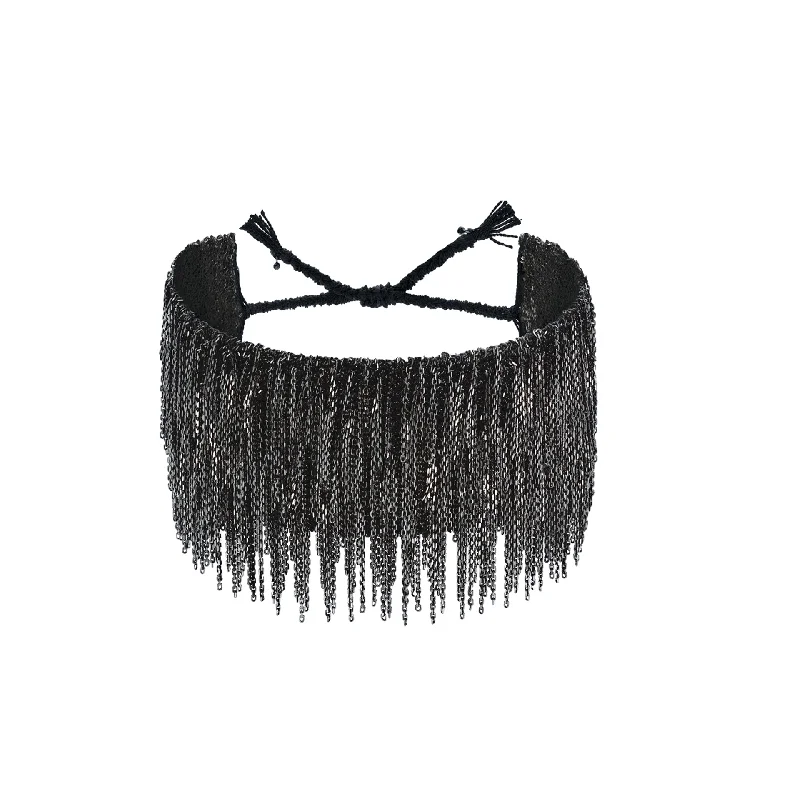 women's wide bracelets-Wide Black Fringe Cuff