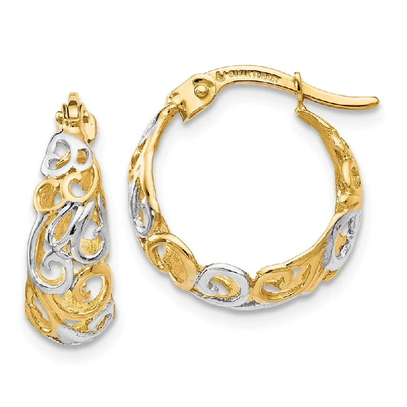 women's resin earrings-6x16mm (5/8 Inch) 14k Yellow Gold & Rhodium Ornate Tapered Round Hoops