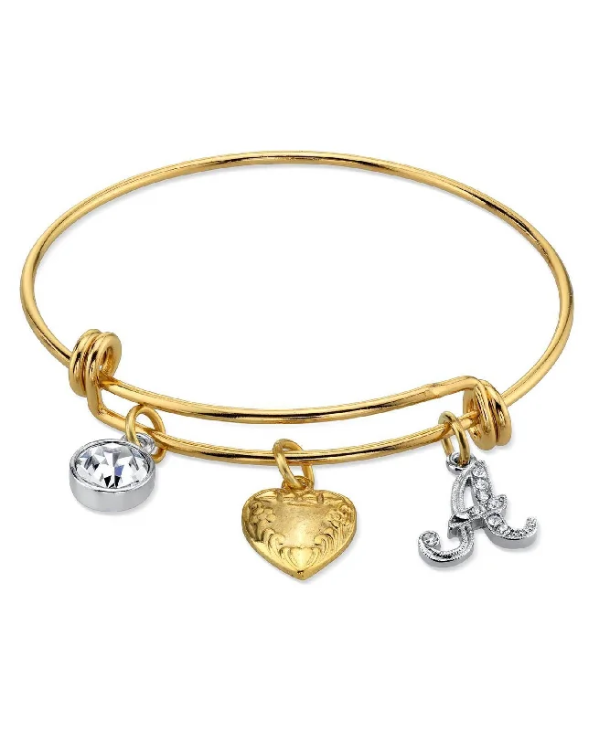 women's bangle bracelets-1928 Jewelry Gold Heart Initial Crystal Charm Bangle Bracelet, 2.5"