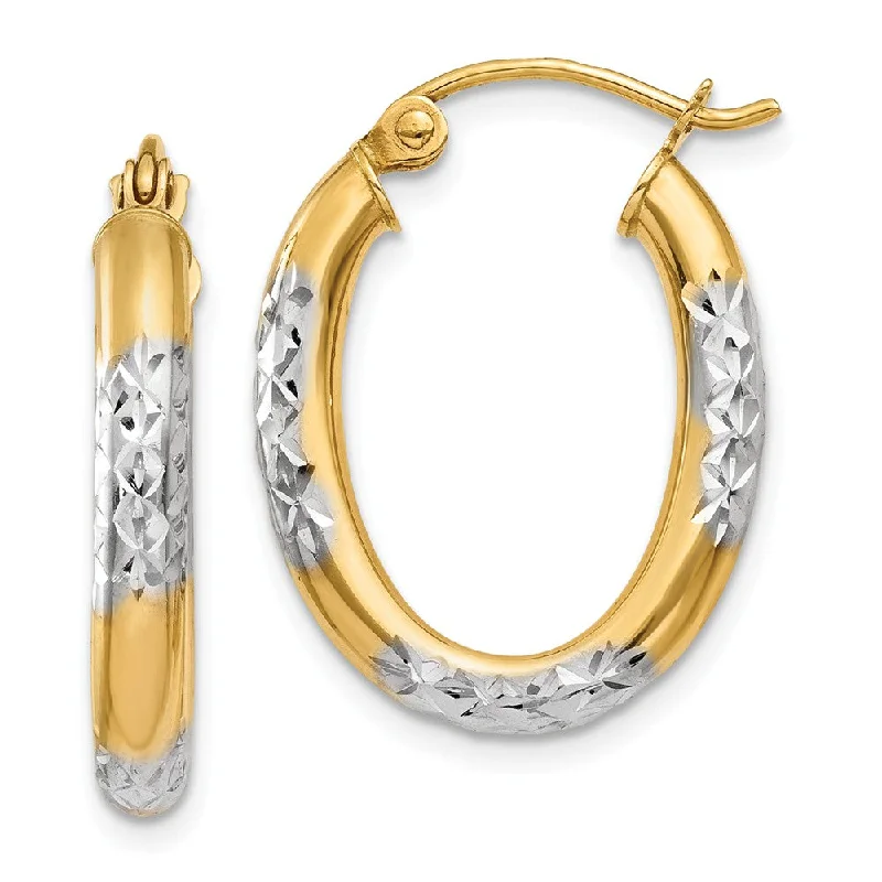 women's simple earrings-3mm, 14k Yellow Gold Diamond Cut Oval Hoops, 20mm (3/4 Inch)