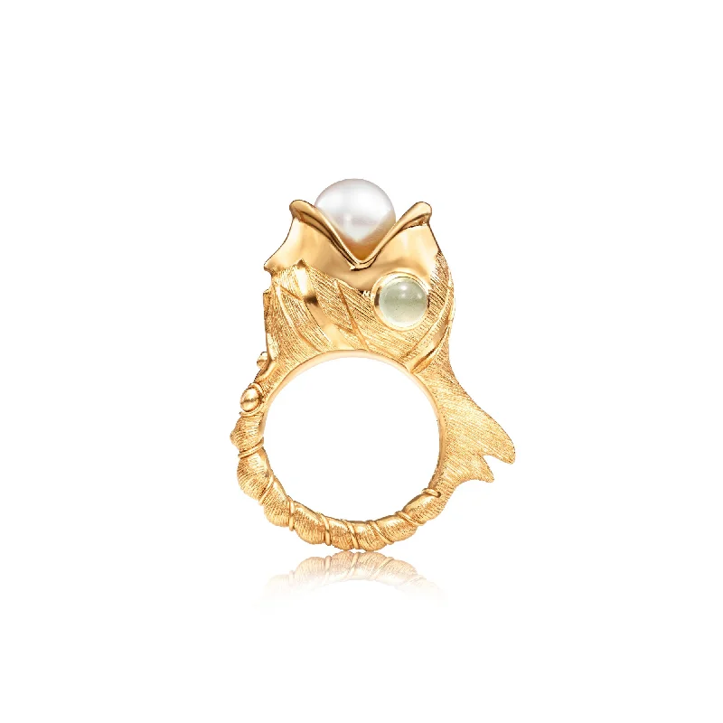 women’s minimalist rings-Young Fish 18K Gold Ring w. Aquamarine, Pearl & Diamonds