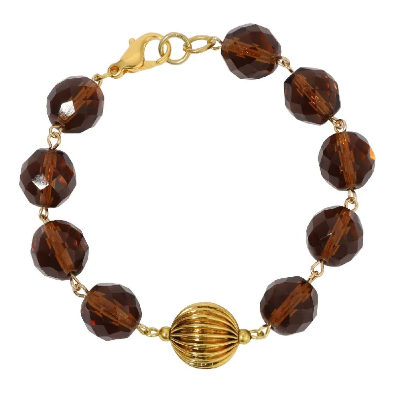 women's bohemian bracelets-1928 Jewelry Glass Smoke Topaz & Corrugated Bead Link Bracelet