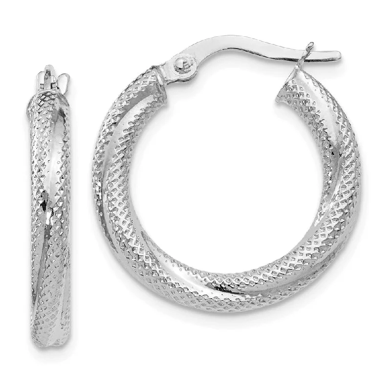 women's long earrings-3mm Twisted Textured Round Hoops in 10k White Gold, 20mm (3/4 Inch)