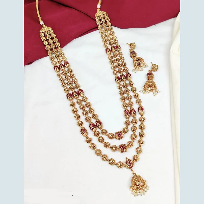 women’s romantic necklaces-Manisha Jewellery Gold Plated Pota Stone And Pearls Multi Layer Long Necklace Set