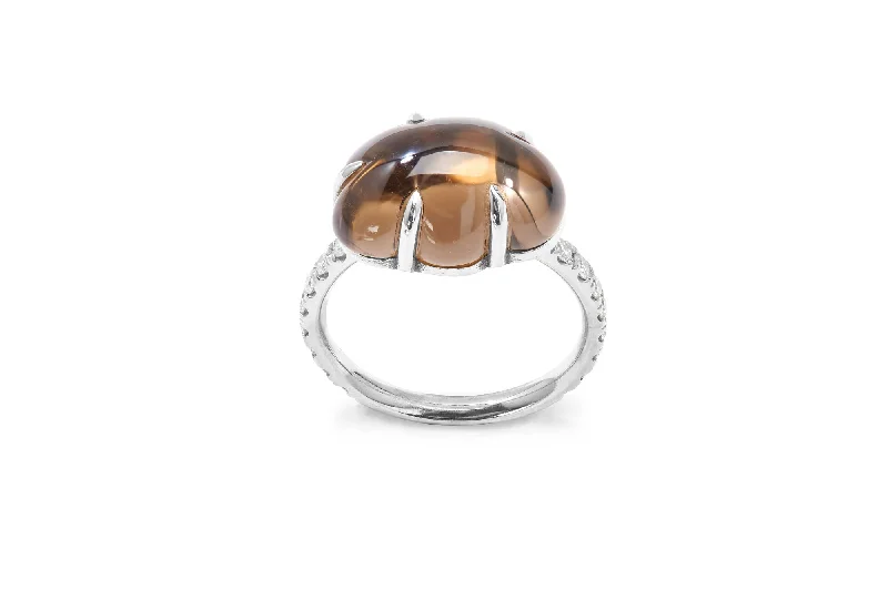 women’s emerald cut rings-Cloud Pavé 18K Whitegold Ring w. Smokey Quartz & Diamonds