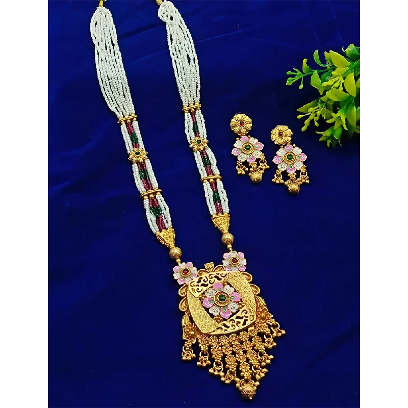 women’s statement crystal necklaces-Gehana Mahal Gold Plated Pota Stone And Pearl Necklace Set