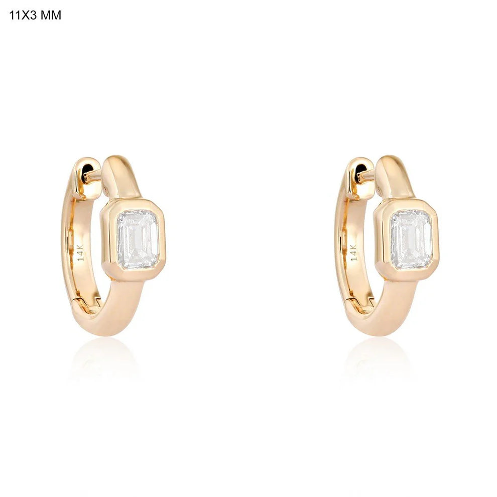 women's double stud earrings-Gold and Emerald Cut Diamond Huggies