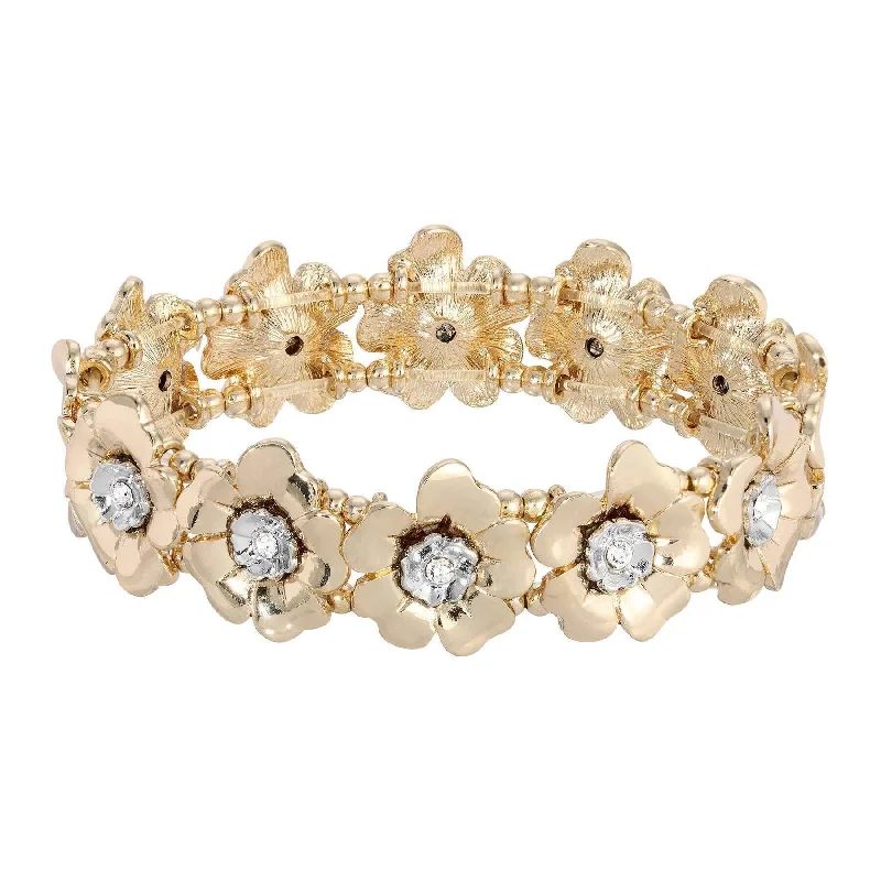 women's aquamarine bracelets-2028 Jewelry Two Tone Crystal Flower Stretch Bracelet