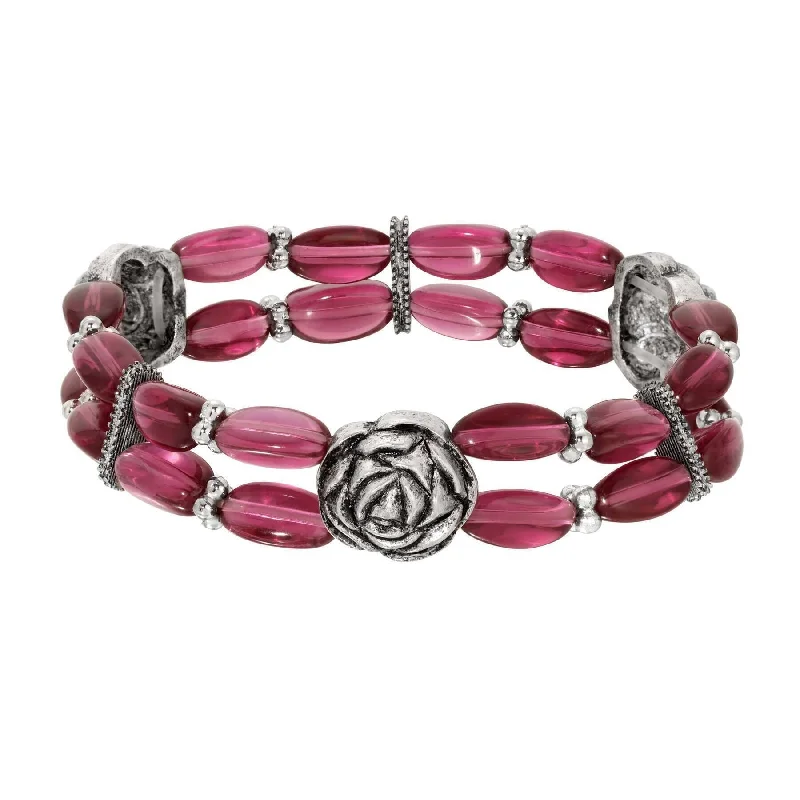 women's statement bracelets-1928 Jewelry Fuchsia Beaded Rose Stretch Bracelet