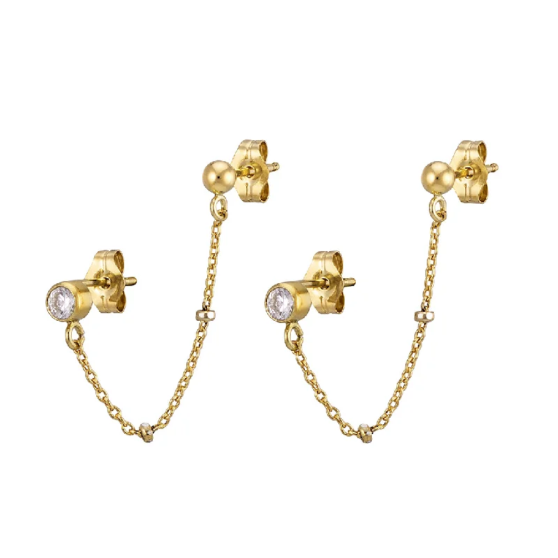 women's floral earrings-CZ Diamond Double Stud Chain Huggies