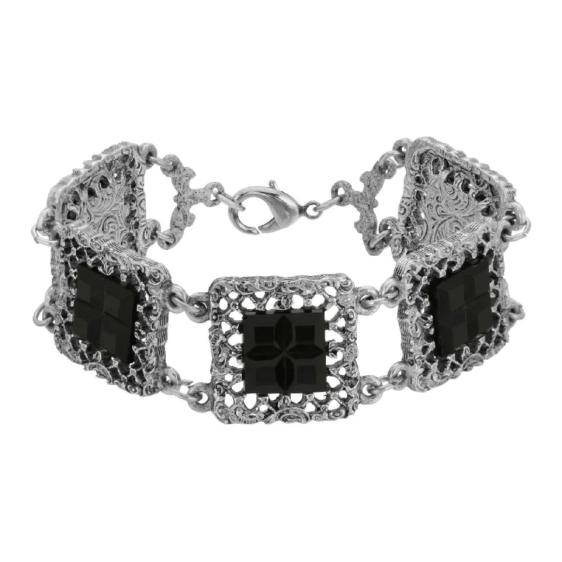 women's shell bracelets-1928 Jewelry Deco Filigree Square Glass Stone Bracelet