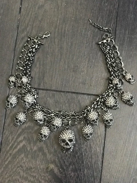 women’s chunky necklaces-Skulls Cluster Black Goth Fashion Crystal Necklace