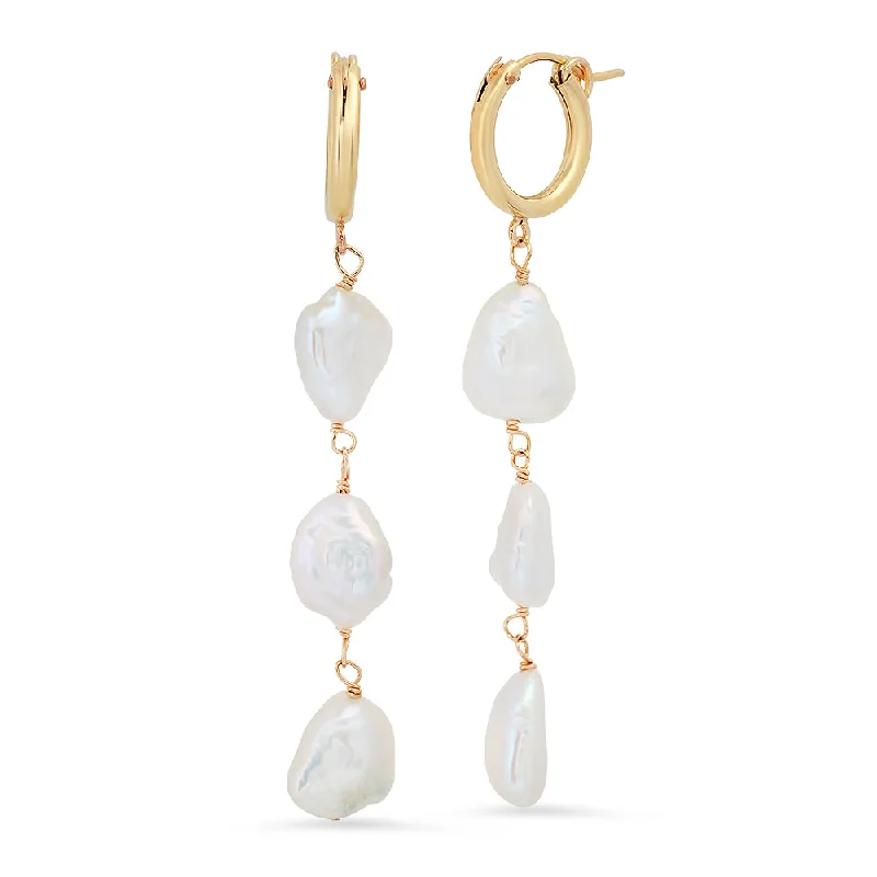 women's halo earrings-Triple pearl drop hoops