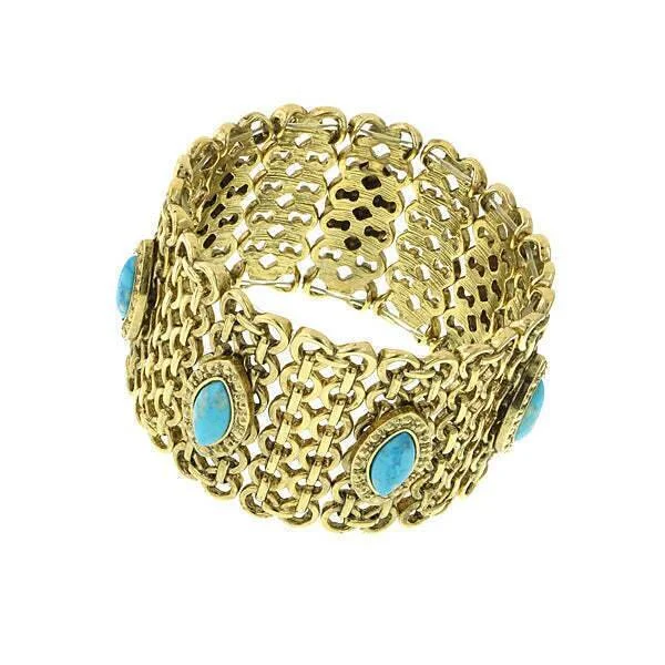 women's silver-plated bracelets-1928 Jewelry Turquoise Color Stone Wide Mesh Bracelet