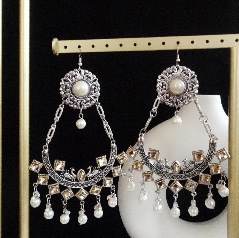 women's floral earrings-Chain with white pearl jhumka